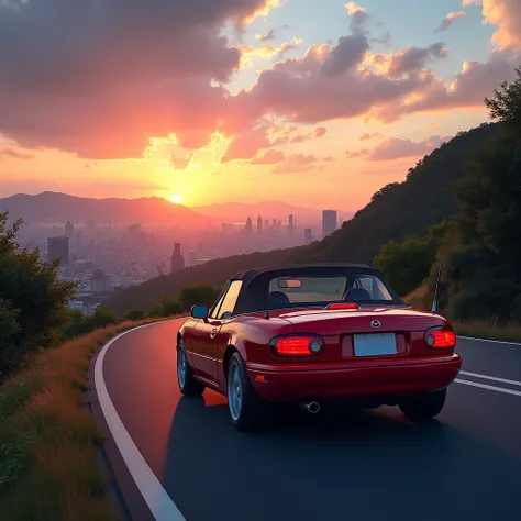 Mazda mx-5 (already) 1993 rides along a beautiful road in the evening overlooking Tokyo, Sunset