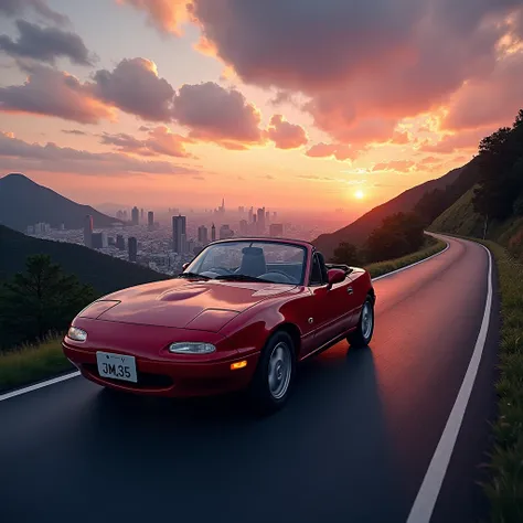 Mazda mx-5 (already) 1993 rides along a beautiful road in the evening overlooking Tokyo, Sunset