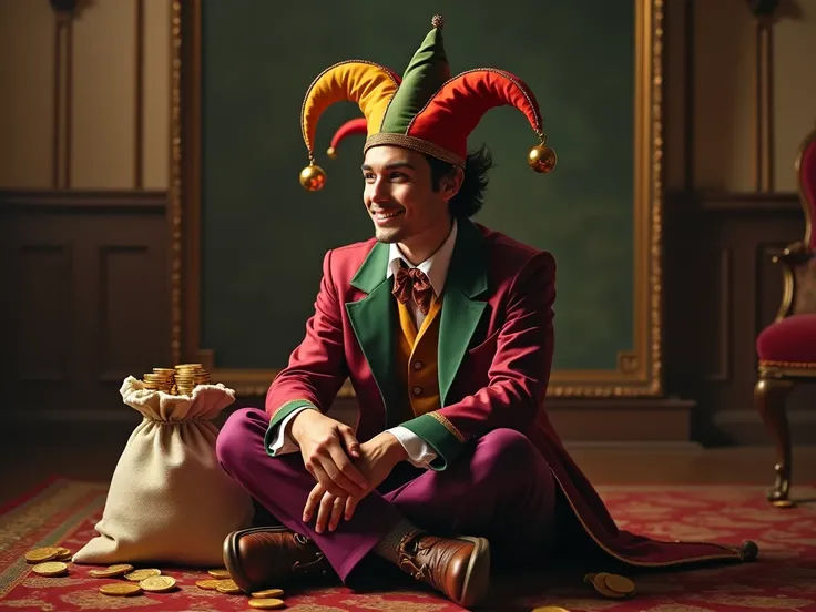  A jester in a hat with bells , in a colored suit ,  sits on a bag of gold coins in the throne room and weighs his soul. Smile ,  short hair,  black hair, horns,  better quality ,  divine rays , Movie, 