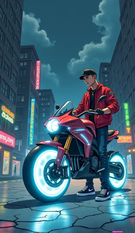 A vibrant, anime-inspired digital illustration of a young man standing next to a futuristic motorbike on an urban road at night. The character wears stylish urban clothing, including a red jacket, black cap, gloves, and sleek sneakers, giving him a confide...