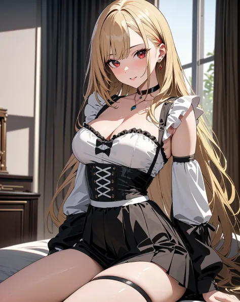  maid clothes, whole body, Kitagawa Marin, 1girl, blonde hair, long hair, multicolored hair, red eyes, jewelry, earrings, piercing, black choker, masterpiece:1.5, masterpiece, highest quality, UHD, retina, masterpiece, accurate anatomy, super detailed, hig...