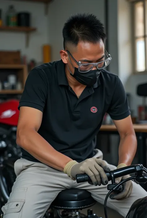 Make realistic photography, detailing, one people An Indonesian mechanic, a man Indonesia-chinesse, 25 years old, clean face, slim body, tall body. with black buzz cut hair with safety glasses with black mask Wearing black plain jersey polo shirt with a wh...