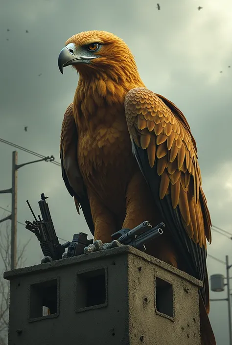 Golden brown eagle with guns on a prison tower