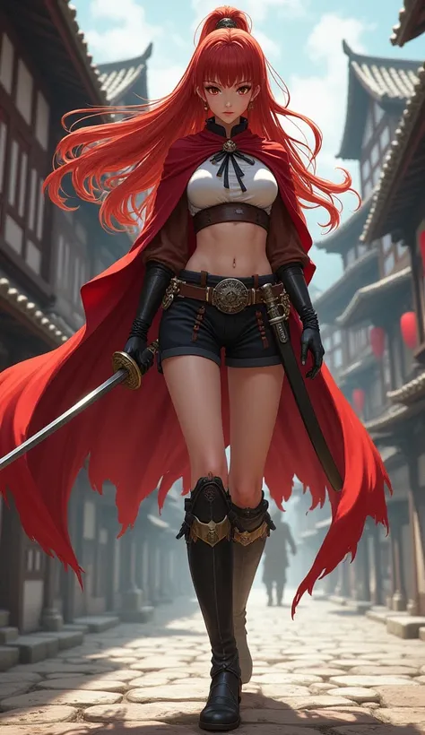 Whole body expression、Female warrior、One woman、24 years old、 Japanese、 An Extraordinary Beauty、 long eyes 、upturned almond-shaped eyes、slender eyes、 narrow eyes、Red Hair、With bangs、Having a lot of hair、Wear 、 shorts 、 long boots、Short cloak、Equipped with a...