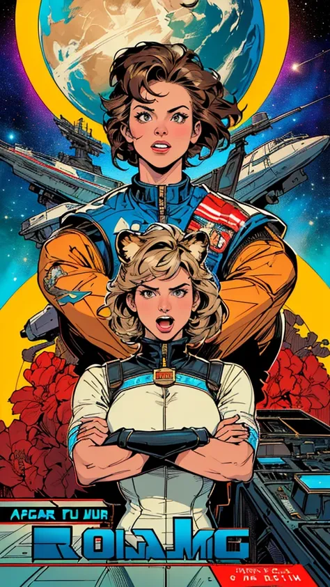 (((Top Quality Masterpiece ))),(((solo:1.2))),((( 1 woman :1.2))), 32K Highly Detailed Wallpaper , Retro Vintage Style ,(dynamic Angles),((( overwhelming highlights))),((most complex machine)), very flashy color scheme American comics,80s space thriller mo...