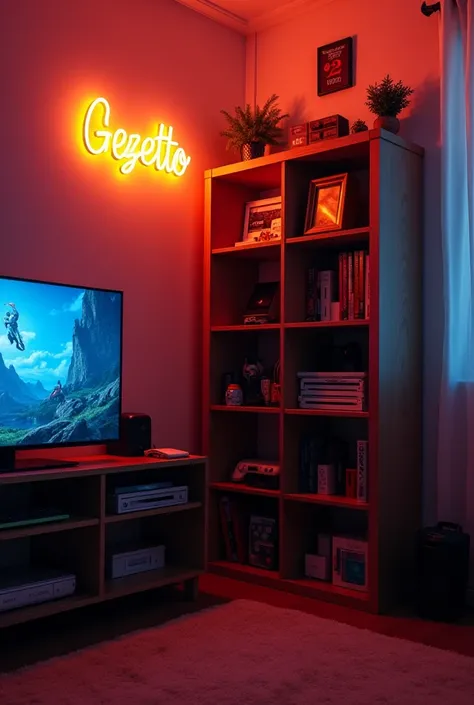 You can create the corner of a living room where on the left side you can see a television and on the right side a Kallax-type bookcase full of gamer objects and video games and animes and on the wall a neon sign with the letters orange and that says Gezet...