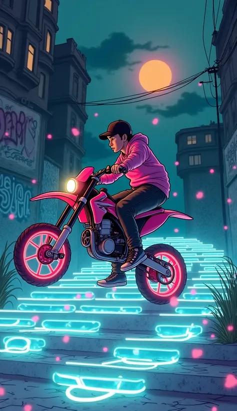 A vibrant and dynamic digital art illustration of a guy sitting on a motorbike energetically in an urban post-apocalyptic environment. The character wears modern, stylish urban clothing, including a hoodie and sneakers, and is captured mid-skating move. Th...