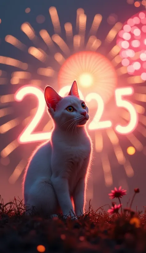 2025 in the sky with light drone ,city Jakarta, monas, cat cute white with big eyes, celebrate new year 2025 in front of the tree, Spectacular fireworks, background lighting, fantasy setting, 8k, masterpiece, detailed