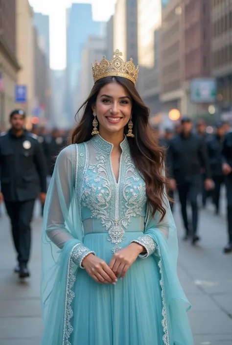 Rich teenage girl, beautiful girl. Model.  figure wearing expensive  light blue    salwar kammez and white beautiful patterns and wearing a gold crown. . She is standing with perfection and smiling. Behind her was new york city skyline and bugatti cars . S...