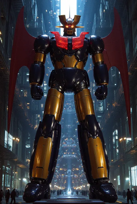  a very realistic version of the modified Mazinger Z,  Standing 100 meters high in a forward leaning position.   Its built with modern materials such as steel  ,   Carbon Fiber  ,   Other industrial elements are also visible  ,   just like the real thing  ...