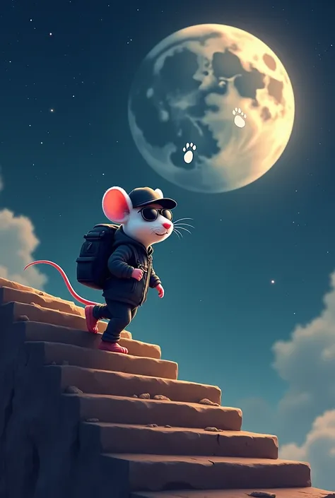 Digital illustration of Cartoon mouse wearing a black jacket,pants, black cap, sunglasses, and a black backpack. he is walking up a set of brown stairs that lead up to a full moon in the night sky. the sky is filled with stars and the moon is partially vis...