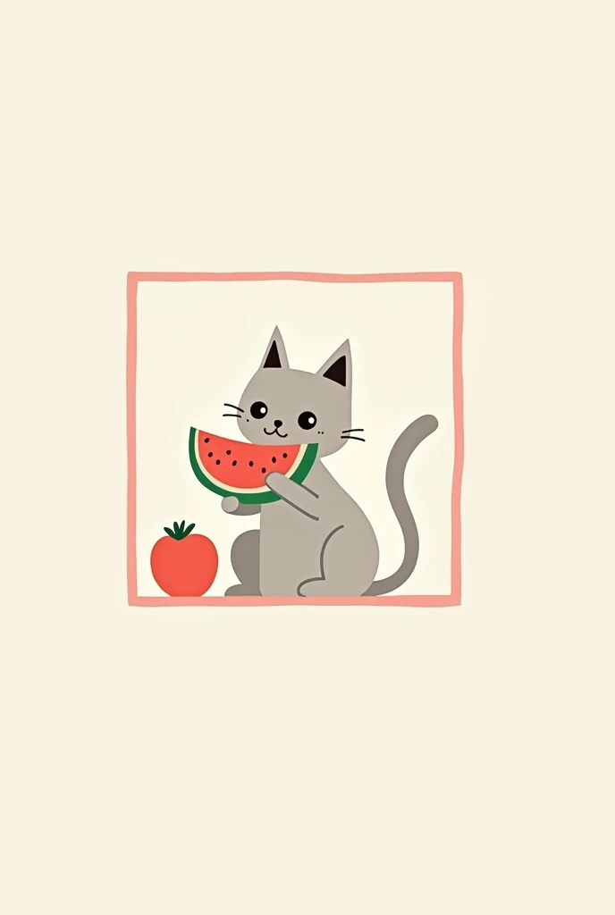 Square frame, draw a cat eats watermelon inside without colour. Simple and minimalism style