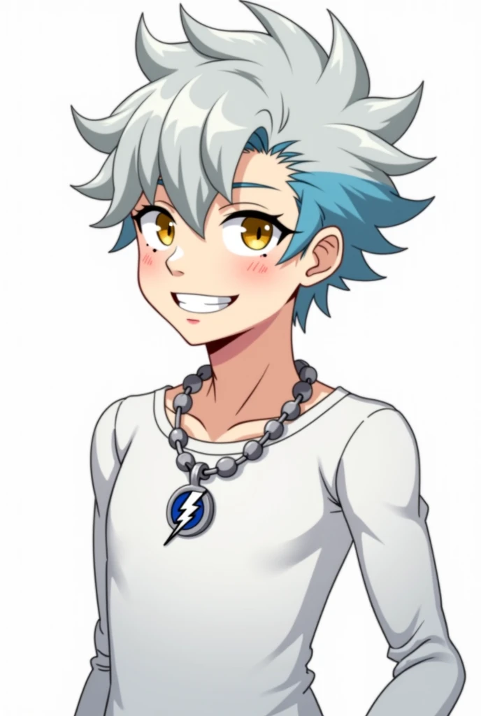 manga style, soft colours, male, s, unhinged, mentally unstable, nonchalant tall, lanky but good physique. white-light grey hair, spiky hair, light blue hair tips and roots, slick back. yellow eyes, white lashes, uncommon goat pupils,eye bags,low short eye...