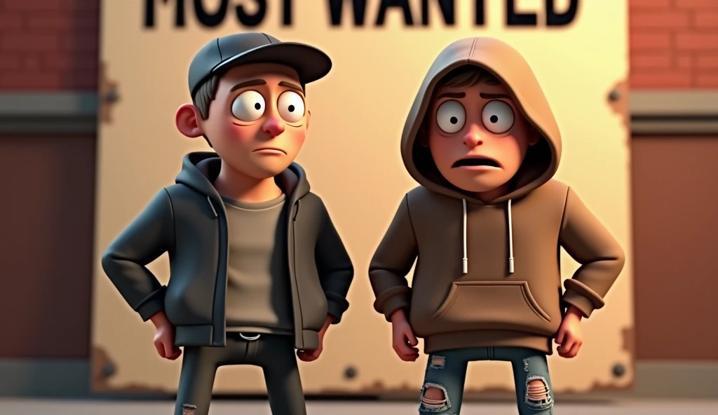 A 3D animated cartoon tall man(confident, wearing a dark jacket and a cap. You always look overconfident and careless) and 
A  3D animated cartoon shorter man( a nervous face, wearing a brown hoodie and ripped jeans. You look cautious but easily frustrated...