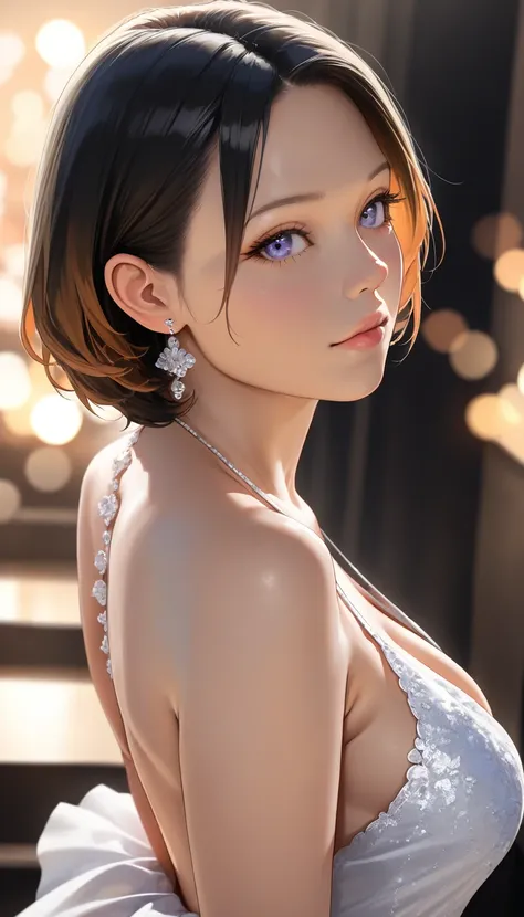 a delicate backless wedding dress with plunging neckline, flowing skirt, beautiful detailed eyes, beautiful detailed lips, extremely detailed face, long eyelashes, looking back, (best quality,4k,8k,highres,masterpiece:1.2),ultra-detailed,(realistic,photore...