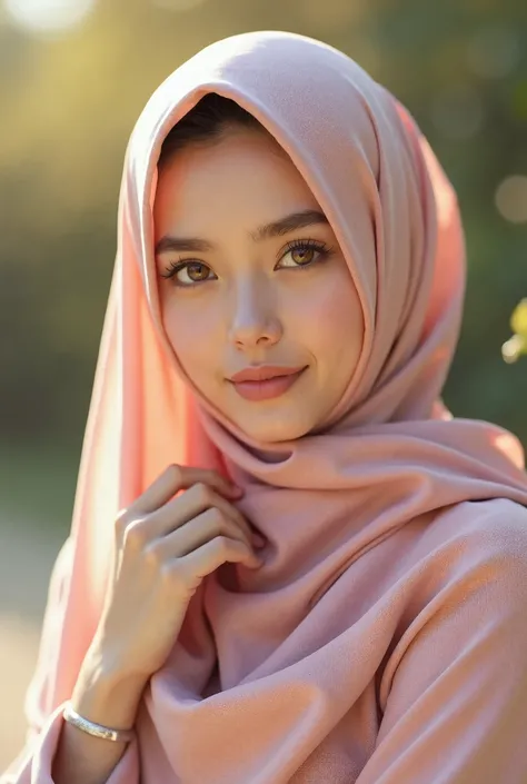 "A 19-year-old veiled girl with a natural, captivating beauty that strikes a perfect balance between elegance and simplicity. Her hijab, made of soft blush-pink chiffon, flows gracefully around her face, highlighting her delicate features that seem sculpte...