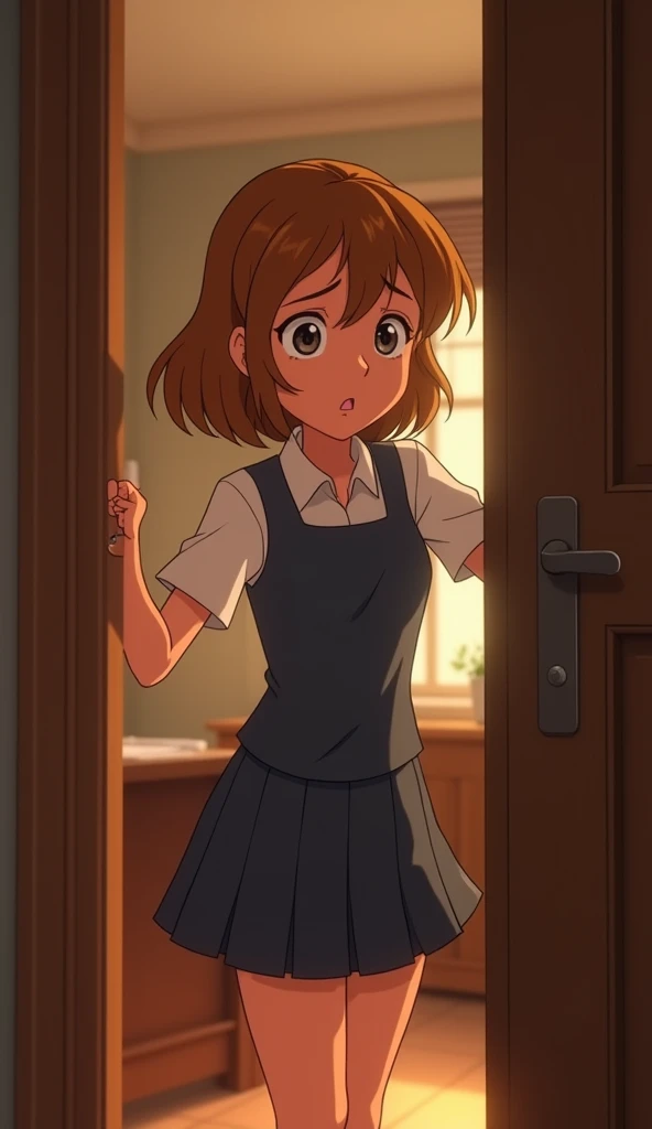 Create an image in the Disney and Pixar style of a medium shot of the protagonist () with light brown hair, wearing a school uniform, pushing open the headmaster’s office door. The character is centered in the frame, her expression a mix of worry and anxie...