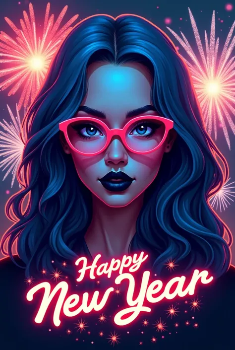 Logo of  woman with blue long hair wearing a pink glasses with black lipstick and have a fireworks background  and a greetings of  "Happy New Year"