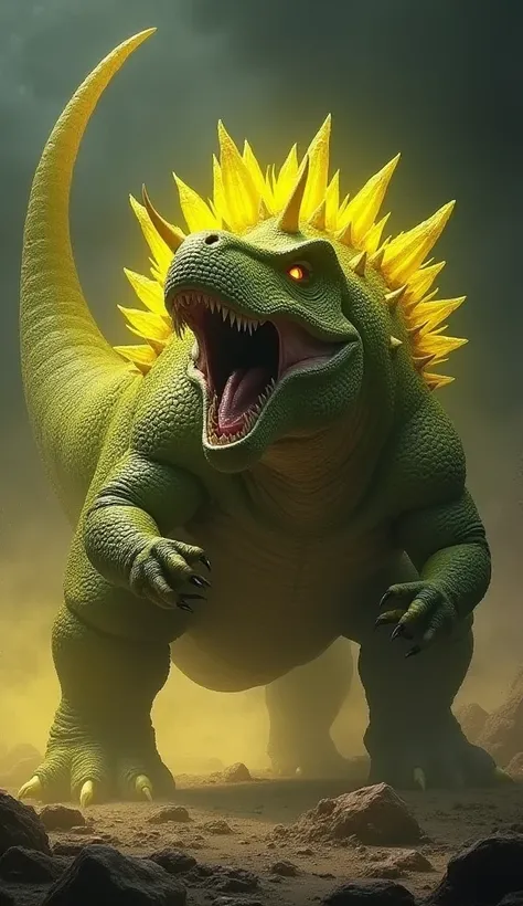 create an image,A terrifying creature, Ankylosaurus yellow kryptonite ,make it action roaring make it realistic