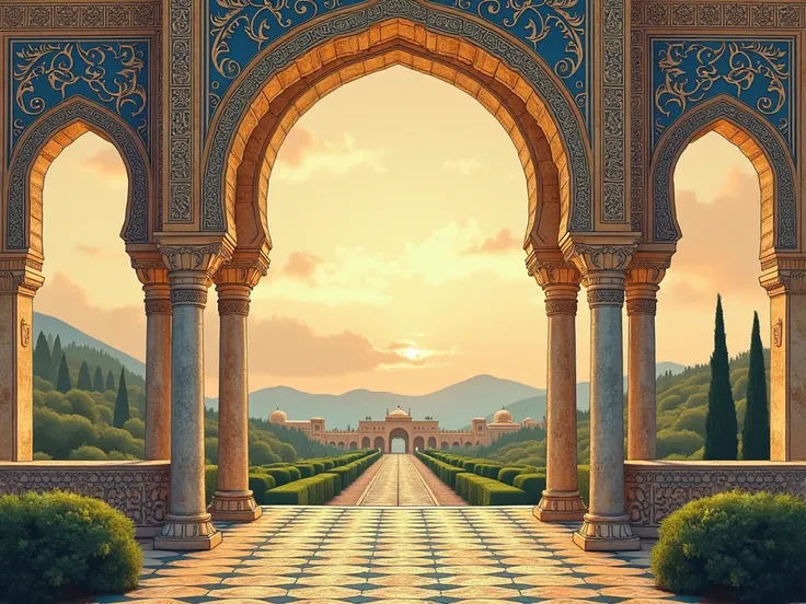 "Create a detailed and elegant background for a book cover on the history of Al-Andalus. The image should include elements reflecting the rich Islamic architecture of Andalusia, such as intricate geometric patterns, arches, and calligraphy. Incorporate a w...