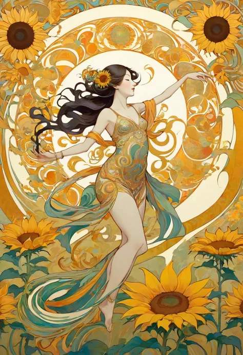  Hallucinatory, Tsuruta Ichiro Style Beauty Painting , Hypnotic Patterns , Abstract, Euphoric,  Fluid Shapes , Art Nouveau Painting ,  jewelry, summer,  sunflower , passion,  flat illustration .  negative space in the shape of a dancing womans body.  Japan...