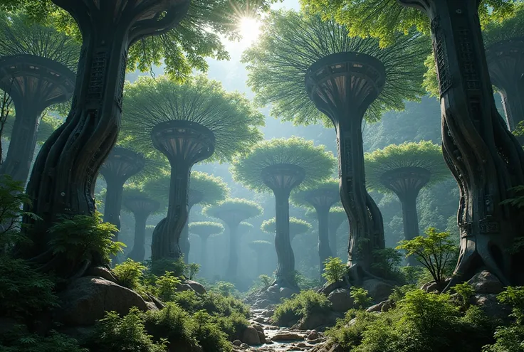  "A dense forest made of metallic trees with robotic limbs, shifting branches like living machines, a futuristic biomechanical ecosystem, glowing lights and sleek metal structures blending with nature."
