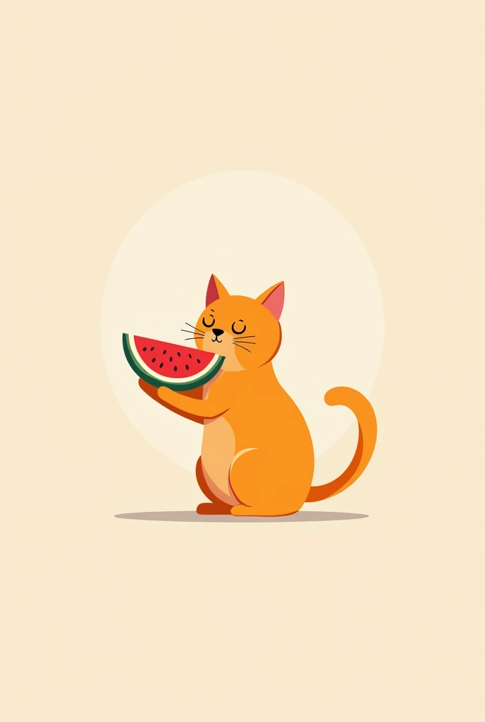 Square frame, draw an orange cat eats watermelon inside . Simple and minimalism style