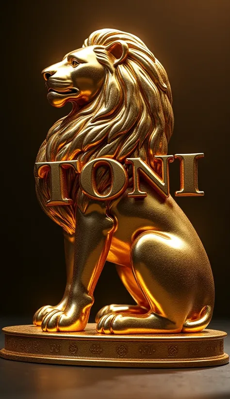 a shiny gold metal lion logo with TONI letters, highly detailed, 4k, 8k, photorealistic, cinematic lighting, metallic texture, intricate design, elegant, dynamic composition, dramatic shadows, gold foil embossed lettering, smooth reflections, luxurious, or...