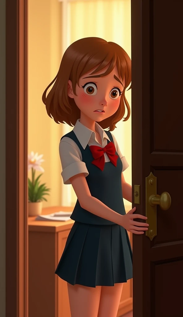 Create an image in the Disney and Pixar style of a medium shot of the protagonist () with light brown hair, wearing a school uniform, pushing open the headmaster’s office door. The character is centered in the frame, her expression a mix of worry and anxie...