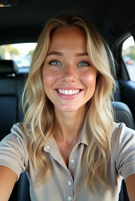 A beautiful blonde realistic blonde in her car taking a selfie in 4k wearing a polo shirt 