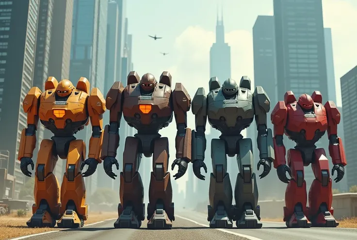  The image shows four huge rangers from the movie Pacific Rim, walking around the city.  They look like combat vehicles and have a futuristic design .  Robots vary in color and shape : from left to right - orange ,  brown ,  gray with an orange glowing ele...