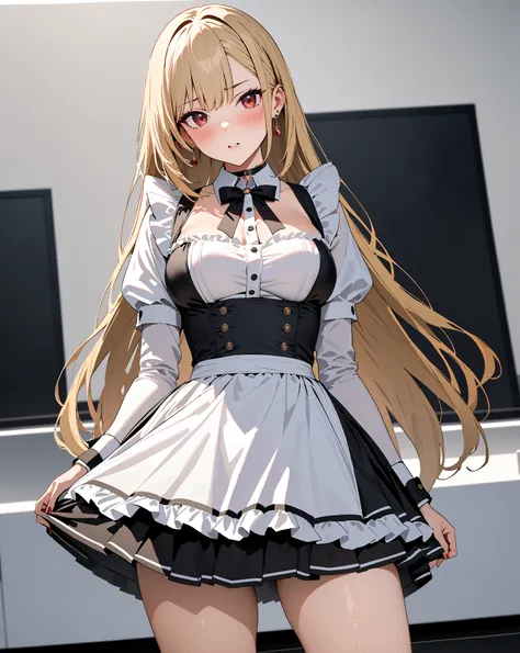  maid clothes, whole body, blush,  Lift Skirt , Kitagawa Marin, 1girl, blonde hair, long hair, multicolored hair, red eyes, jewelry, earrings, piercing, black choker, masterpiece:1.5, masterpiece, highest quality, UHD, retina, masterpiece, accurate anatomy...