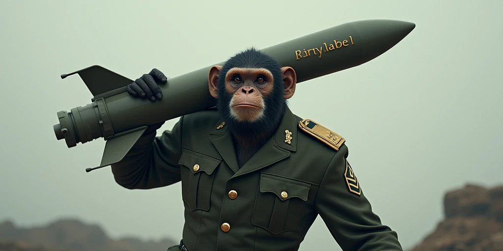 A monkey in military uniform with a missile marked with the word DIRTYLABEL 