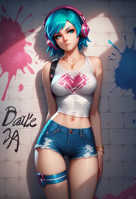  masterpiece,  Best Quality, (  extremely detailed CG Unity 8K wallpaper  ,  masterpiece,  Best Quality,  ultra-detailed,  masterpiece,  Best Quality,  1 girl, Alone,  Short Top , Jeans-Shorts, necklace, (Graffiti:1.5), paint splatter,  arms behind back , ...