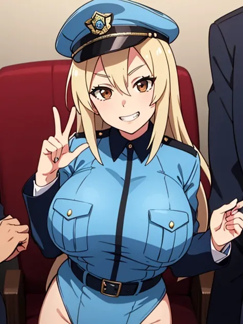 1girl, solo focus, brown eyes, grin, looking at viewer, very flirty, mature female, large breasts, Senju Tsunade, masterpiece, best quality, high quality, BCop, belt, policewoman, leotard, police hat, peaked cap, calm smile