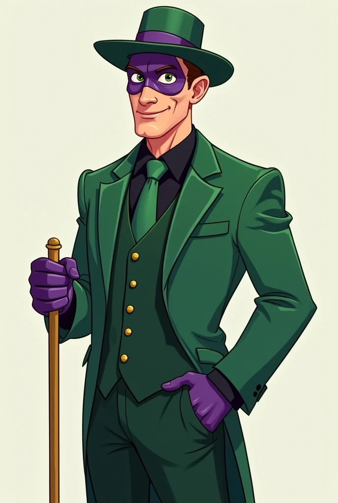 Human, man, Caucasian,  dressed in a formal green suit ,  black shirt , green tie,  on his head. There is a small green hat with a purple ribbon on his head ,  There is a purple mask on his face that covers only the eyes.  Purple gloves,  pose, a gold-colo...