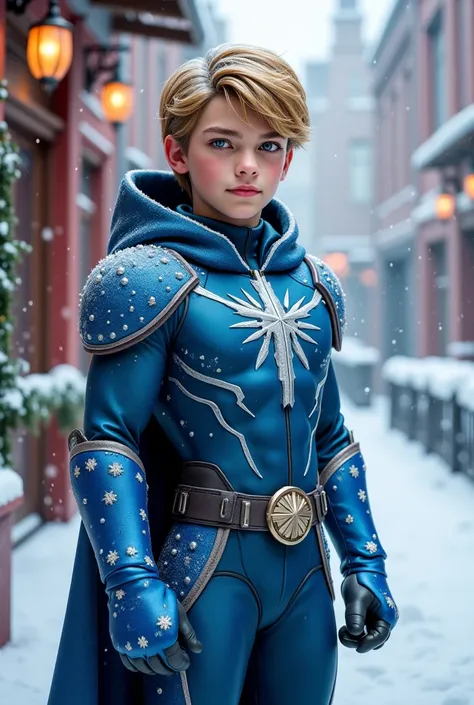 Handsome blonde TEEN boy. Full body picture. Winter blue COLORED WINTER Christmas Hero costume. REALISTIC. Superpower: Chimney. NO MUSCLES. REALISTIC 