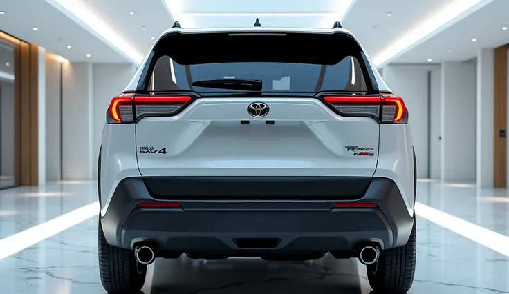 "Create a hyper-realistic 3D close-up of the rear of the 2025 Toyota RAV4 SUV in a white showroom. Focus on the sleek taillights, the sculpted rear bumper, and the dynamic curves of the tailgate. Highlight the Toyota logo and the modern design elements lik...