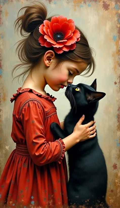 Oil painting depicts a touching and intimate scene of a young girl gently leaning in to touch noses with a black cat. The girl is dressed in a weathered, tattered red dress, and her tousled brown hair is adorned with a large red flower. The background is t...