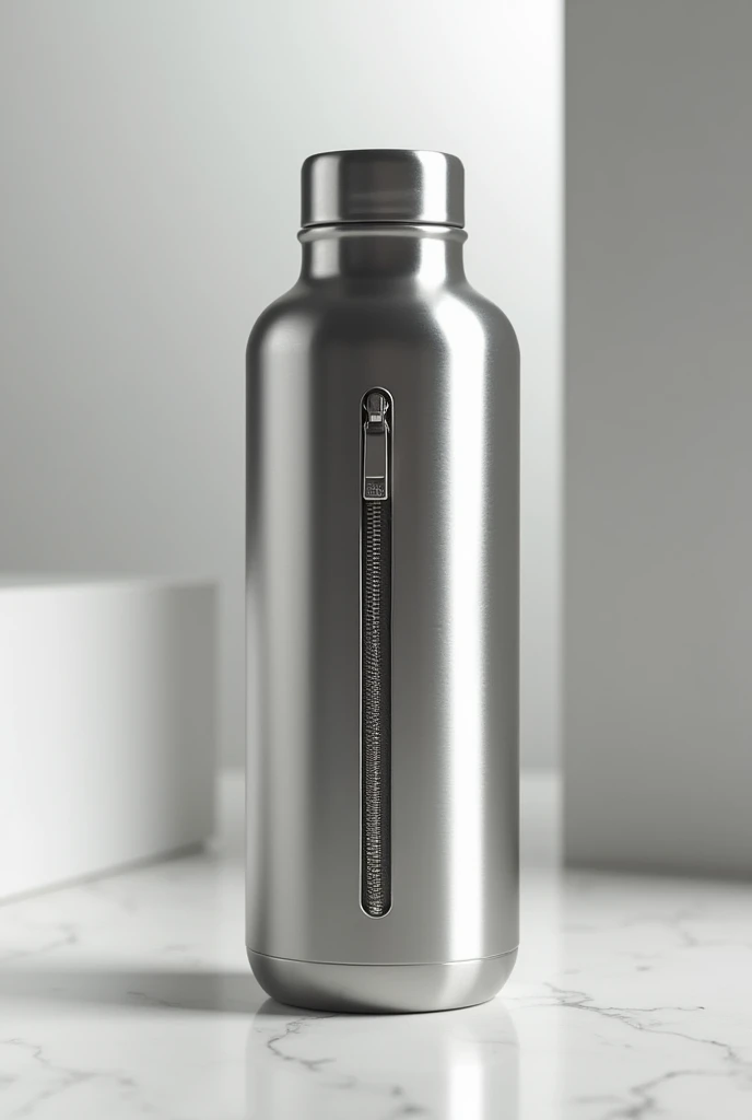 Draw a stainless steel water bottle that opens and closes with a zipper on the back