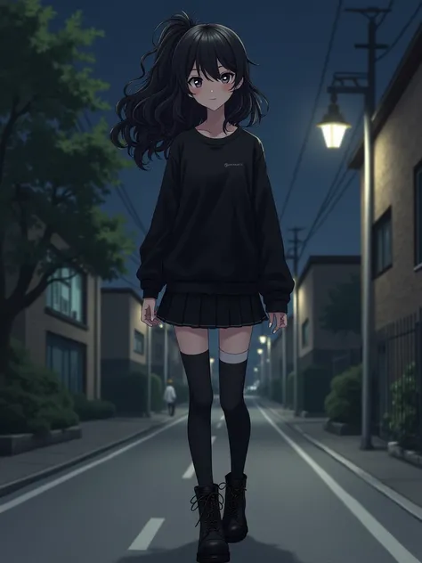  Boy with long curly black hair with a short ponytail , black lipstick and black nails womens clothing black t-shirt,  black sweatshirt , black skirt and black combat boots and stockings on her legs one black and one white walking down the street at night ...