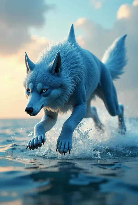 "A unique hybrid of a wolf and a dolphin, featuring a sleek, aquatic body with wolf-like fur patterns and piercing blue eyes, leaping gracefully from the ocean. The creatures front fins resemble wolf paws, and its tail ends in a dolphin-like fluke. The sce...