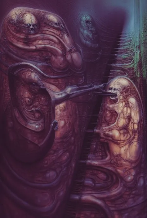 g1g3r, Giger_style, The image is a detailed view of H.R. Gigers " Li II " plate, featuring a complex network of bones and organs in a purple-brown hue ,swirling gray and brown colorsgroup of three alien figures positioned in the foreground.  Emaciated and ...