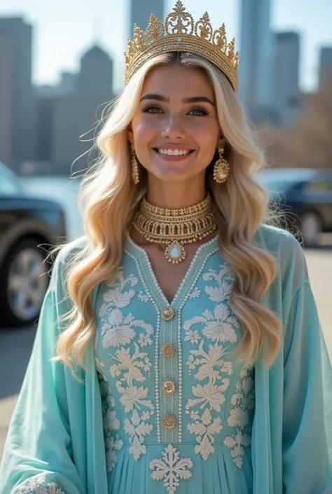 Rich teenage girl, beautiful girl. Model.  figure wearing expensive  light blue    salwar kammez and white beautiful patterns and wearing a gold crown. . She is standing with perfection and smiling. Behind her was new york city skyline and bugatti cars . S...