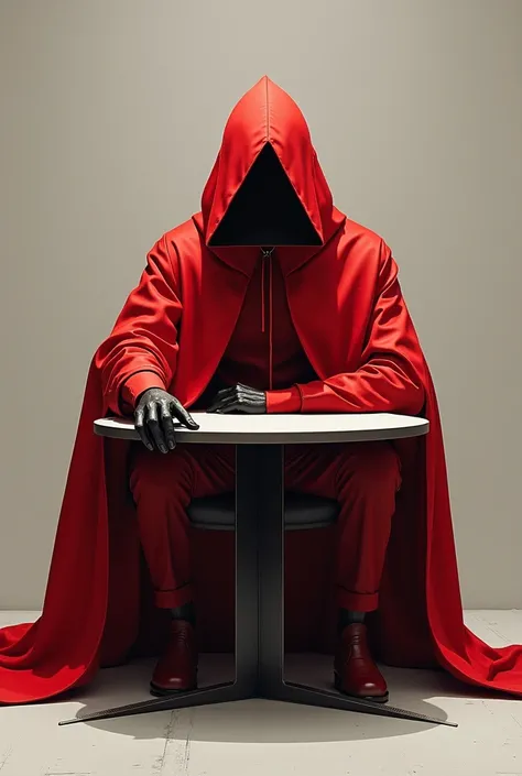 Create a image of one of the squid game red
 member is wearing  triangle helmetsitting on the table and looking at me saying lets play a game with me