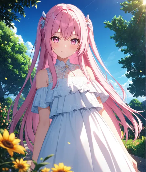 1girl, solo, Pink Shine Bright Hair, hair between eyes, Long hair, loose hair, (two side up),  aesthetic detailed eyes, (Pink shiny Bright Eyes), bright pink eyes, (pale cheeks), (skin colored cheeks), Mesmerise, Little smile, closed mouth, (half body, cow...