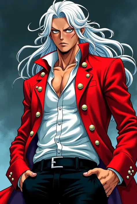 One piece panel, mullato skin, long white hair, his left eye is scarred, short red pirate jacket, white button shirt, black pants 