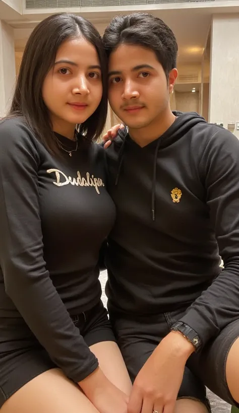 Potrait  of a beautiful couple, Indonesian artist Bulan Sutena, wearing a black hoodie with the words "Dudalipa" written on it. Next to her is a handsome young Korean man, short black hair, comma hair style, wearing a black hoodie, chain necklace, rolex wa...