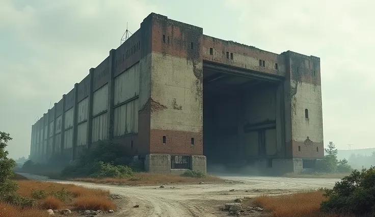 A huge store from the outside in an abandoned area is a large warehouse