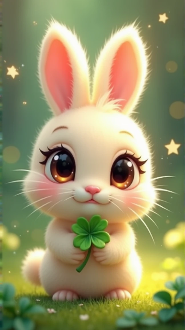 
Rabbit　 cute　 characters　 fluffy coat 　 beautiful eyes　 big eyes　 big round eyes　 long lashes　 sparkleした瞳　女の子らShii　 walking on two legs　biceps　 with little pubic hair　Sparkling　I have a four-leaf clover that shines in my hand　 sparkle　 illuminated by ligh...